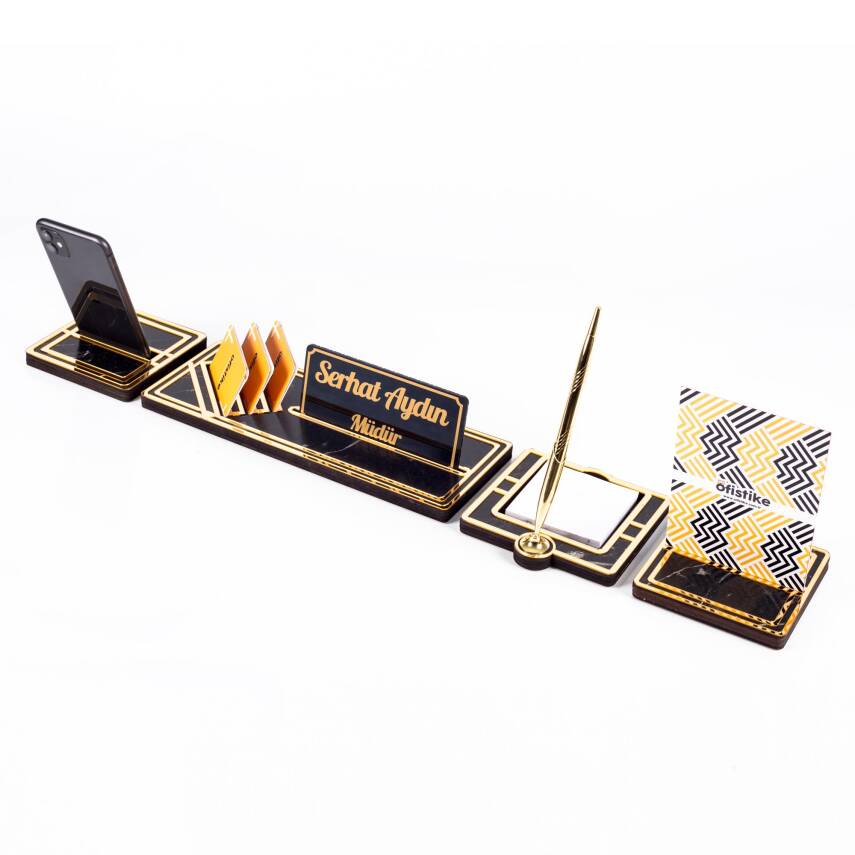 Lunar Gold Kalemli Ahşap Masa İsimliği Akrilik Notluklu Mermer Desenli Hediye Masa Seti Ofis İsimlik - 3