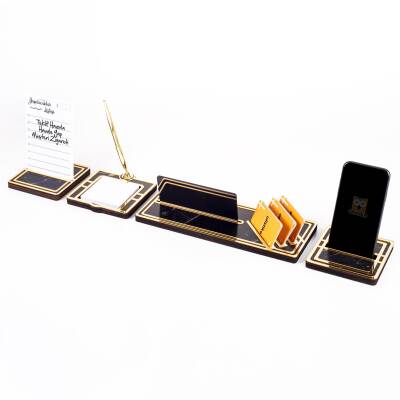 Lunar Gold Kalemli Ahşap Masa İsimliği Akrilik Notluklu Mermer Desenli Hediye Masa Seti Ofis İsimlik - 4