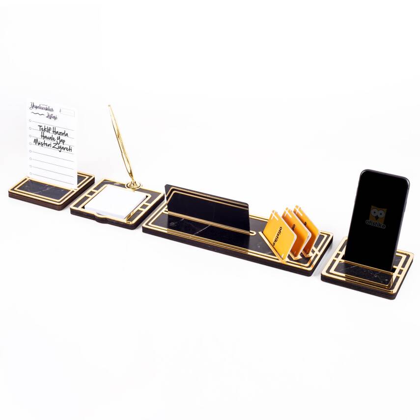 Lunar Gold Kalemli Ahşap Masa İsimliği Akrilik Notluklu Mermer Desenli Hediye Masa Seti Ofis İsimlik - 4