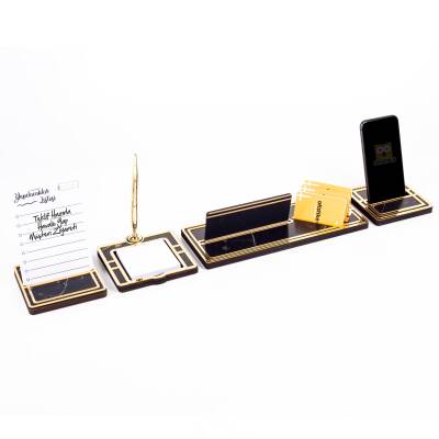 Lunar Gold Kalemli Ahşap Masa İsimliği Akrilik Notluklu Mermer Desenli Hediye Masa Seti Ofis İsimlik - 5