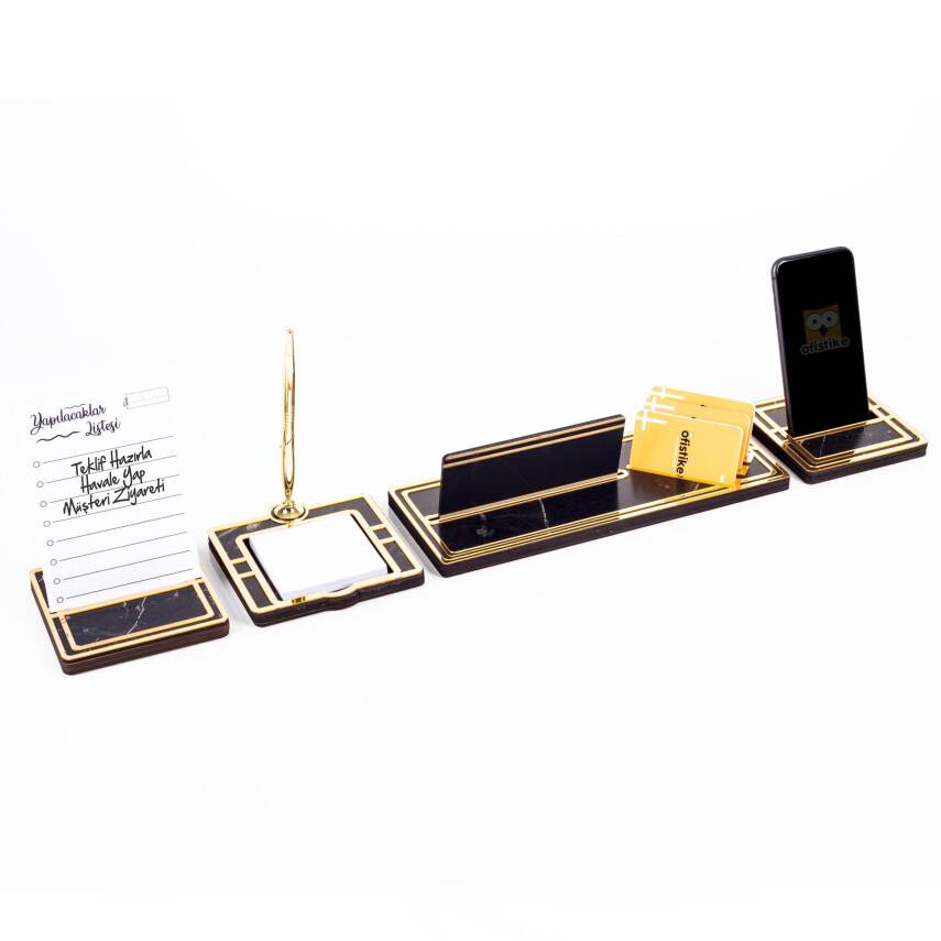 Lunar Gold Kalemli Ahşap Masa İsimliği Akrilik Notluklu Mermer Desenli Hediye Masa Seti Ofis İsimlik - 5