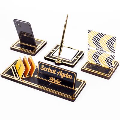 Lunar Gold Kalemli Ahşap Masa İsimliği Akrilik Notluklu Mermer Desenli Hediye Masa Seti Ofis İsimlik - Ofistike