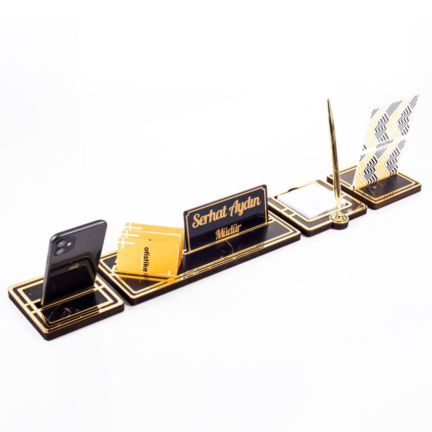 Lunar Gold Kalemli Ahşap Masa İsimliği Akrilik Notluklu Mermer Desenli Hediye Masa Seti Ofis İsimlik - 2