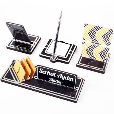 Lunar Gümüş Kalemli Ahşap Masa İsimliği Akrilik Notluklu Mermer Desenli Hediye Masaüstü Ofis İsimlik 