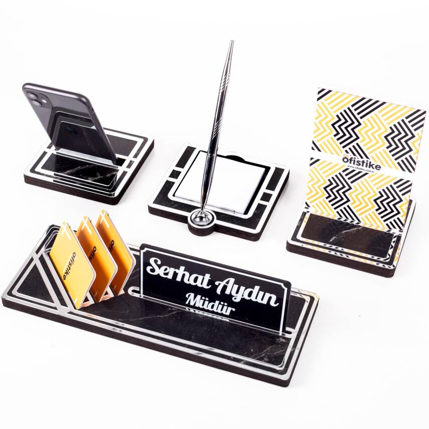 Lunar Gümüş Kalemli Ahşap Masa İsimliği Akrilik Notluklu Mermer Desenli Hediye Masaüstü Ofis İsimlik - 1