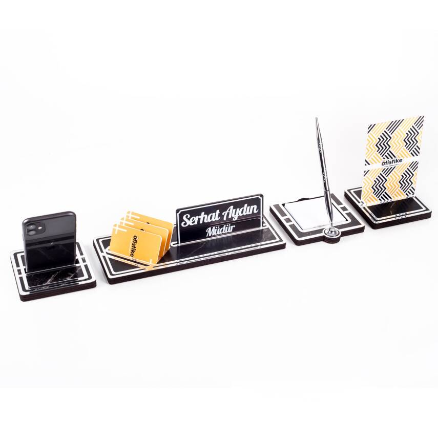 Lunar Gümüş Kalemli Ahşap Masa İsimliği Akrilik Notluklu Mermer Desenli Hediye Masaüstü Ofis İsimlik - 2