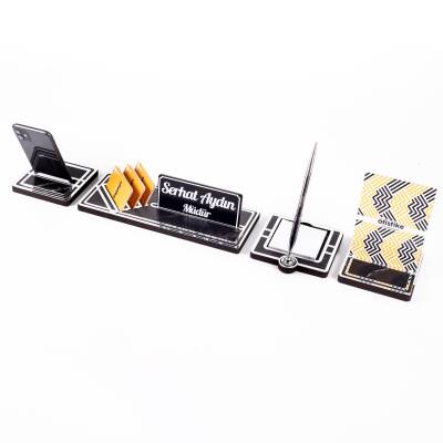 Lunar Gümüş Kalemli Ahşap Masa İsimliği Akrilik Notluklu Mermer Desenli Hediye Masaüstü Ofis İsimlik - 3