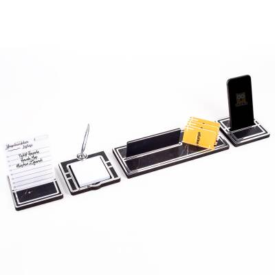 Lunar Gümüş Kalemli Ahşap Masa İsimliği Akrilik Notluklu Mermer Desenli Hediye Masaüstü Ofis İsimlik - 4