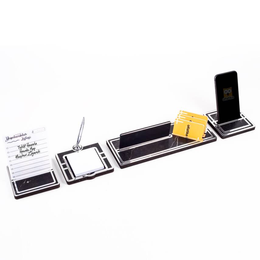 Lunar Gümüş Kalemli Ahşap Masa İsimliği Akrilik Notluklu Mermer Desenli Hediye Masaüstü Ofis İsimlik - 4