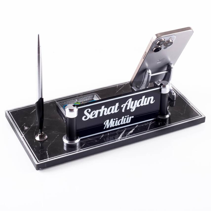 Lyon Mermer Desen Ahşap Gümüş Renk Kalemli Masa İsimliği Ofis Masaüstü İsimlik Seti Hediye Yeni İş - 1