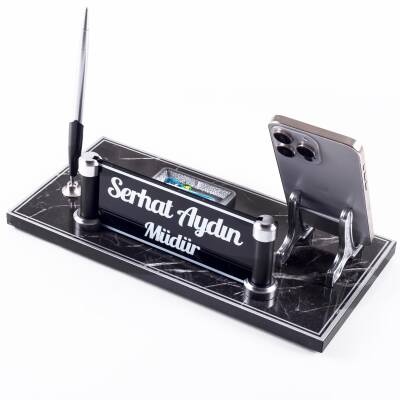 Lyon Mermer Desen Ahşap Gümüş Renk Kalemli Masa İsimliği Ofis Masaüstü İsimlik Seti Hediye Yeni İş - 2