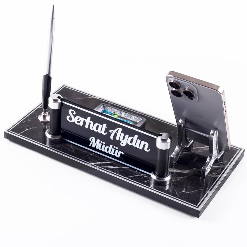 Lyon Mermer Desen Ahşap Gümüş Renk Kalemli Masa İsimliği Ofis Masaüstü İsimlik Seti Hediye Yeni İş - 2