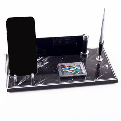 Lyon Mermer Desen Ahşap Gümüş Renk Kalemli Masa İsimliği Ofis Masaüstü İsimlik Seti Hediye Yeni İş - 3