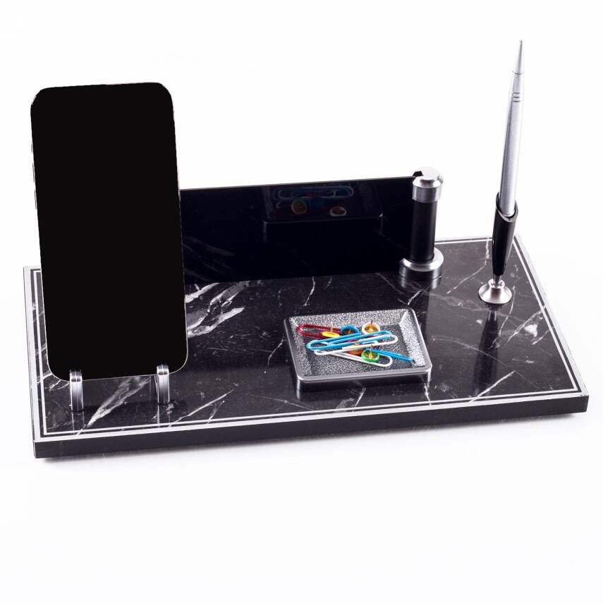 Lyon Mermer Desen Ahşap Gümüş Renk Kalemli Masa İsimliği Ofis Masaüstü İsimlik Seti Hediye Yeni İş - 3