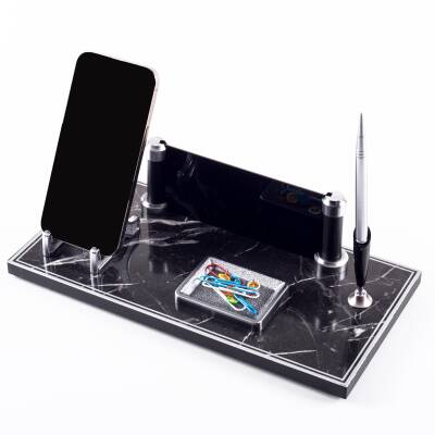 Lyon Mermer Desen Ahşap Gümüş Renk Kalemli Masa İsimliği Ofis Masaüstü İsimlik Seti Hediye Yeni İş - 4