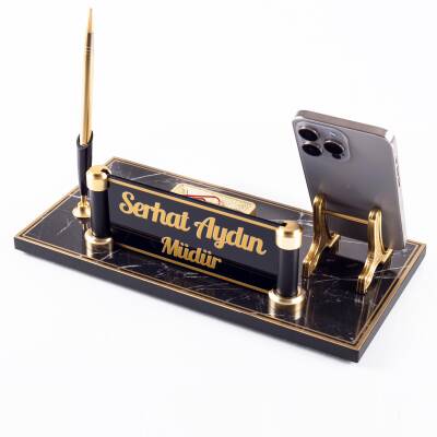 Lyon Mermer Desenli Ahşap Gold Renk Kalemli Masa İsimliği Ofis Masaüstü İsimlik Seti Hediye Yeni İş - Ofistike