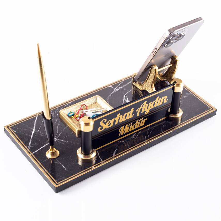 Lyon Mermer Desenli Ahşap Gold Renk Kalemli Masa İsimliği Ofis Masaüstü İsimlik Seti Hediye Yeni İş - 2