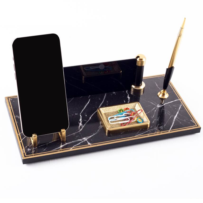 Lyon Mermer Desenli Ahşap Gold Renk Kalemli Masa İsimliği Ofis Masaüstü İsimlik Seti Hediye Yeni İş - 3