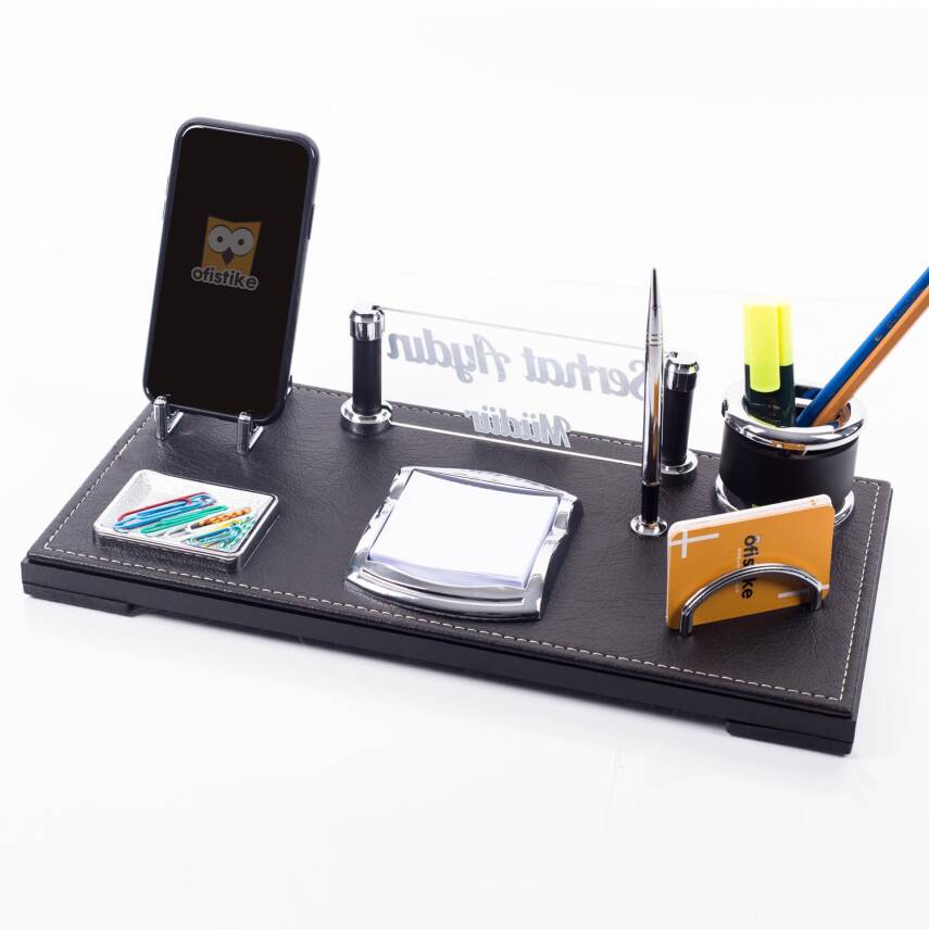 Madrid Ofis Masa İsimliği Siyah Deri Hediye Masaüstü İsimlik Seti Siyah Deri Masa üstü Organizer - 4