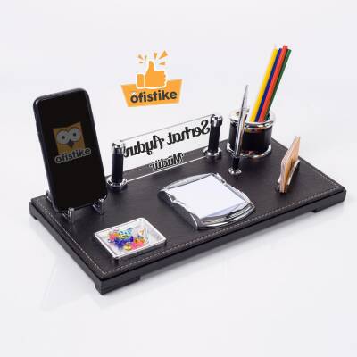 Madrid Ofis Masa İsimliği Siyah Deri Hediye Masaüstü İsimlik Seti Siyah Deri Masa üstü Organizer - Ofistike