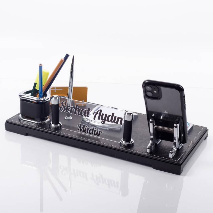 Madrid Ofis Masa İsimliği Siyah Deri Hediye Masaüstü İsimlik Seti Siyah Deri Masa üstü Organizer - 2