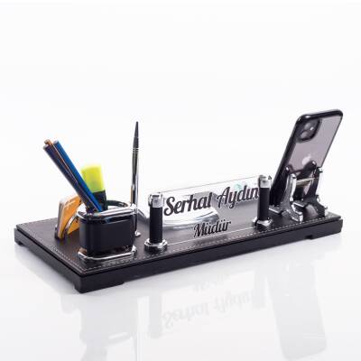 Madrid Ofis Masa İsimliği Siyah Deri Hediye Masaüstü İsimlik Seti Siyah Deri Masa üstü Organizer - 3