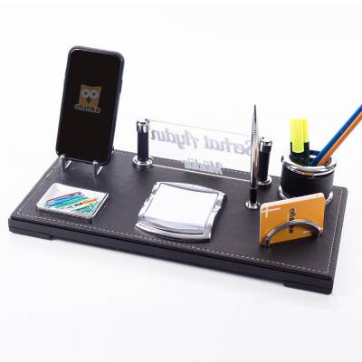 Madrid Ofis Masa İsimliği Siyah Deri Hediye Masaüstü İsimlik Seti Siyah Deri Masa üstü Organizer - 4