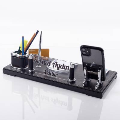 Madrid Ofis Masa İsimliği Siyah Deri Hediye Masaüstü İsimlik Seti Siyah Deri Masa üstü Organizer - 2