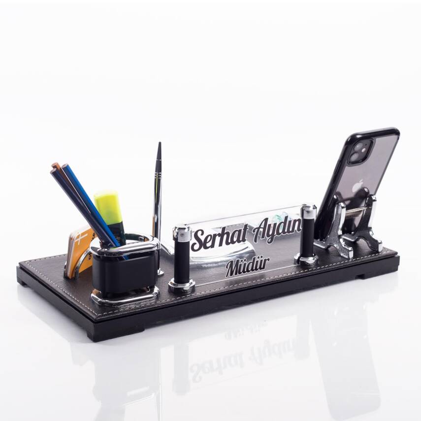 Madrid Ofis Masa İsimliği Siyah Deri Hediye Masaüstü İsimlik Seti Siyah Deri Masa üstü Organizer - 3