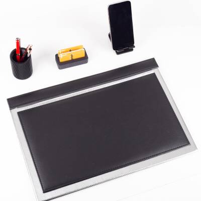 Magno Gümüş Varaklı Deri Sümen Takımı 3'lü Masa Seti Dekoratif Masa Seti Ofis Hediyesi Ofis Aksesuar - Ofistike