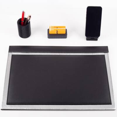 Magno Gümüş Varaklı Deri Sümen Takımı 3'lü Masa Seti Dekoratif Masa Seti Ofis Hediyesi Ofis Aksesuar - 2