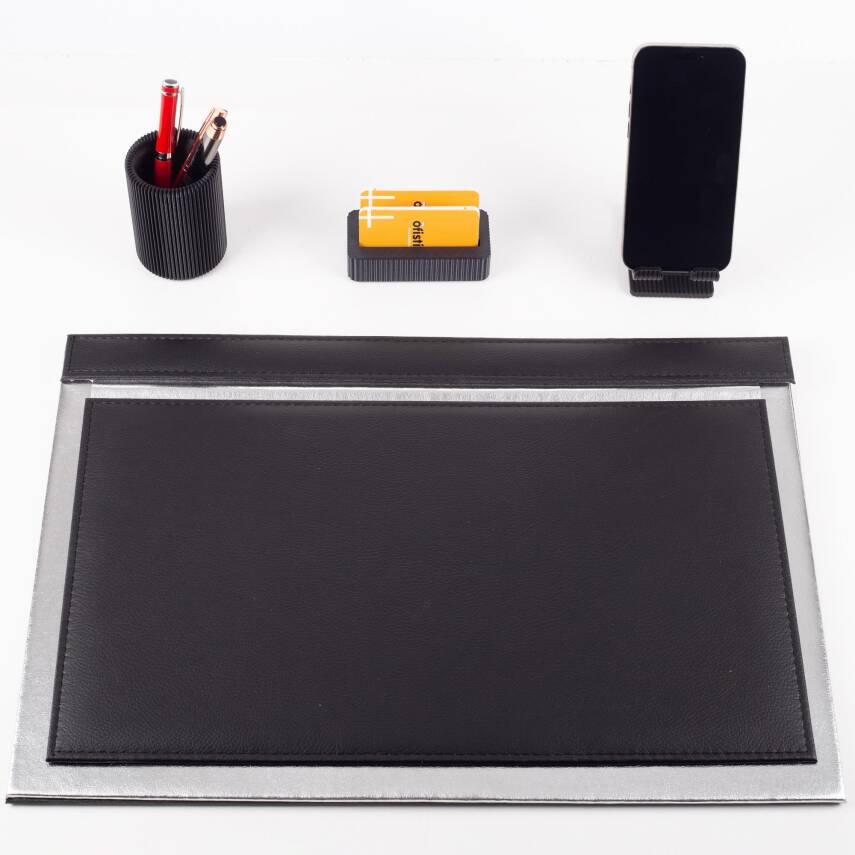 Magno Gümüş Varaklı Deri Sümen Takımı 3'lü Masa Seti Dekoratif Masa Seti Ofis Hediyesi Ofis Aksesuar - 2