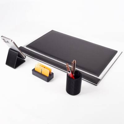 Magno Gümüş Varaklı Deri Sümen Takımı 3'lü Masa Seti Dekoratif Masa Seti Ofis Hediyesi Ofis Aksesuar - 3