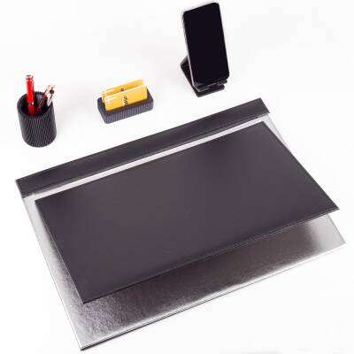 Magno Gümüş Varaklı Deri Sümen Takımı 3'lü Masa Seti Dekoratif Masa Seti Ofis Hediyesi Ofis Aksesuar - 4