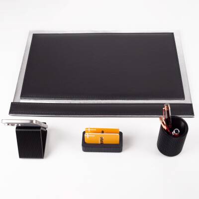 Magno Gümüş Varaklı Deri Sümen Takımı 3'lü Masa Seti Dekoratif Masa Seti Ofis Hediyesi Ofis Aksesuar - 5