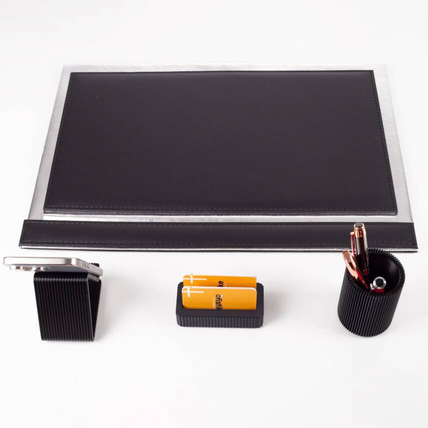 Magno Gümüş Varaklı Deri Sümen Takımı 3'lü Masa Seti Dekoratif Masa Seti Ofis Hediyesi Ofis Aksesuar - 5