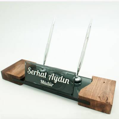 Masif Ayaklı Masa İsimliği Gümüş Kristal Ahşap Ağaç İsimlik - 1