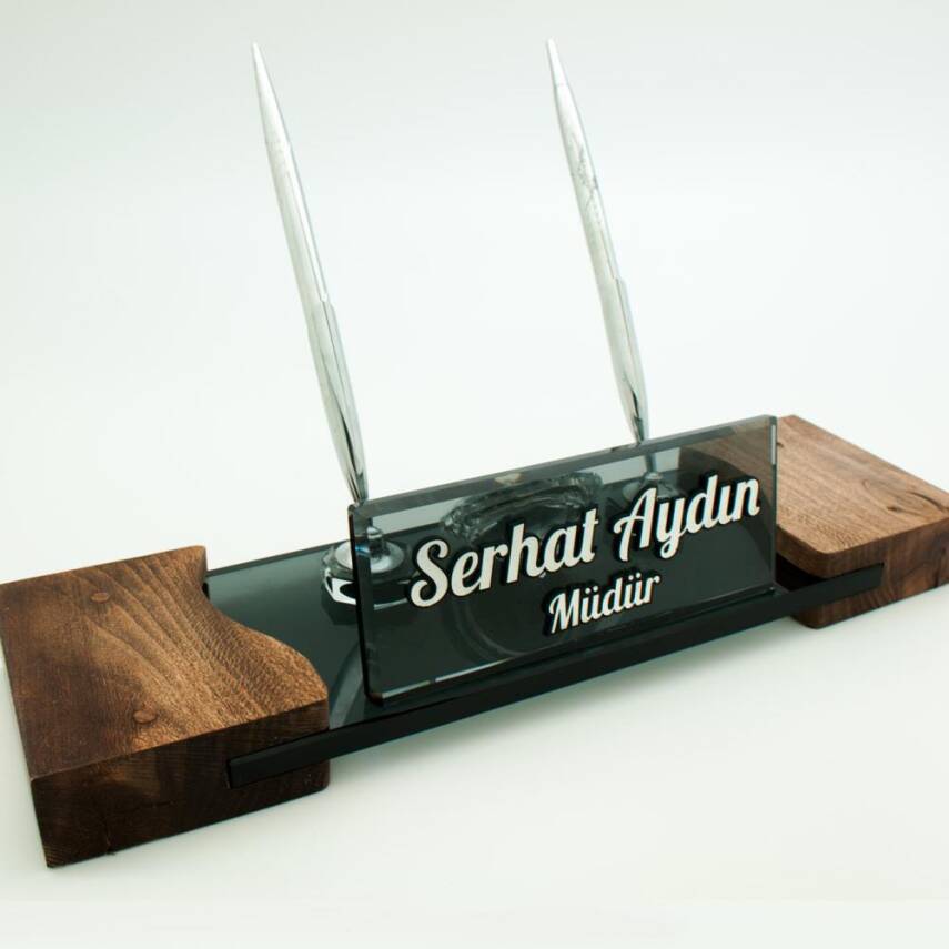 Masif Ayaklı Masa İsimliği Gümüş Kristal Ahşap Ağaç İsimlik - 4