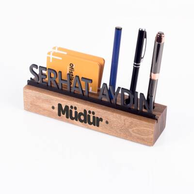 Masif Kayın Ahşap Kartvizitlik ve Kalemlikli Masaüstü İsimlik Standı Siyah Akrilik Masa İsimliği - Ofistike