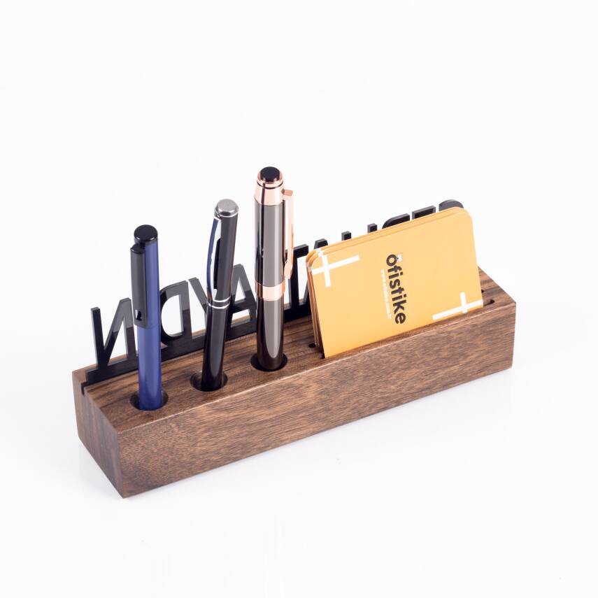 Masif Kayın Ahşap Kartvizitlik ve Kalemlikli Masaüstü İsimlik Standı Siyah Akrilik Masa İsimliği - 2