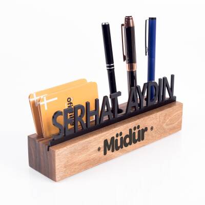 Masif Kayın Ahşap Kartvizitlik ve Kalemlikli Masaüstü İsimlik Standı Siyah Akrilik Masa İsimliği - 4