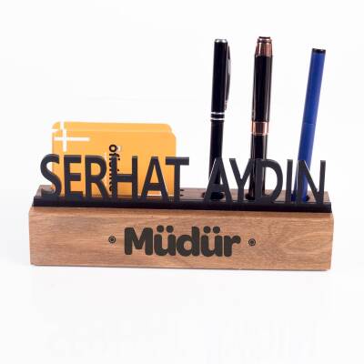 Masif Kayın Ahşap Kartvizitlik ve Kalemlikli Masaüstü İsimlik Standı Siyah Akrilik Masa İsimliği - 5