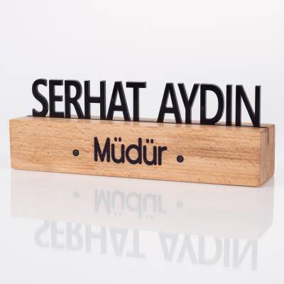 Masif Kayın Ahşap Masa İsimliği Masaüstü İsimlik Standı Siyah Akrilik Masa İsimliği - Ofistike