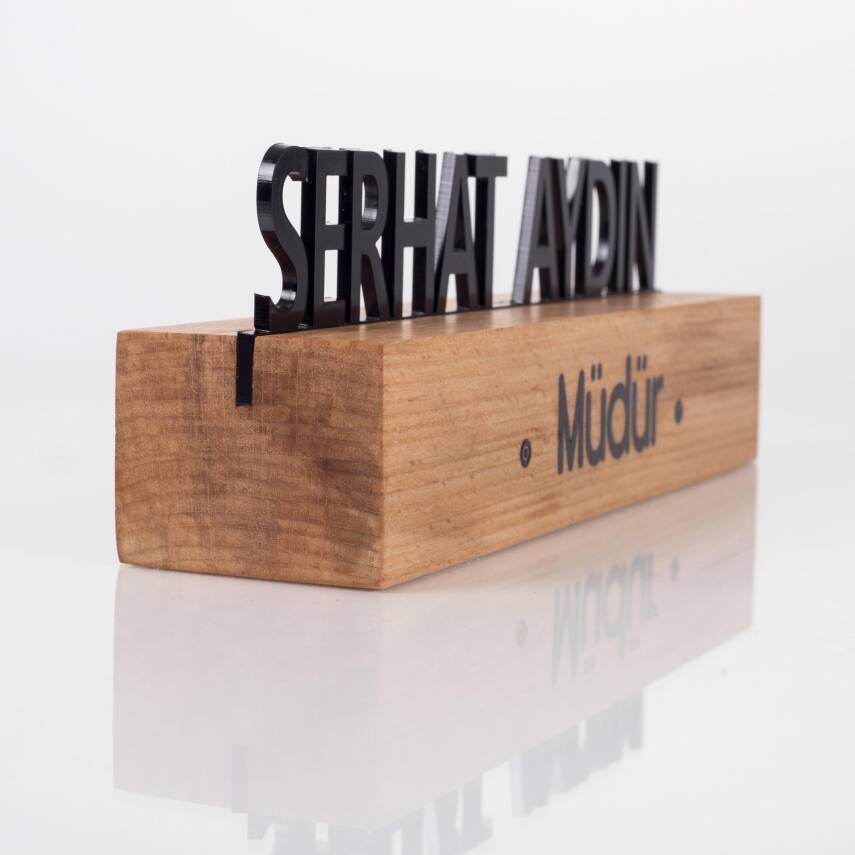 Masif Kayın Ahşap Masa İsimliği Masaüstü İsimlik Standı Siyah Akrilik Masa İsimliği - 3
