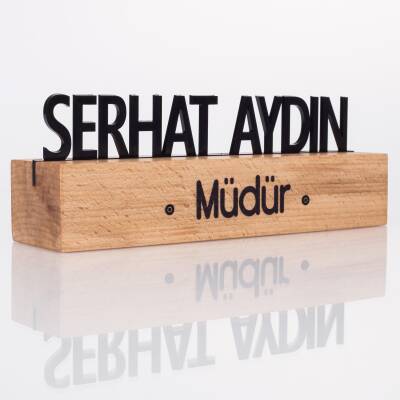 Masif Kayın Ahşap Masa İsimliği Masaüstü İsimlik Standı Siyah Akrilik Masa İsimliği - 2