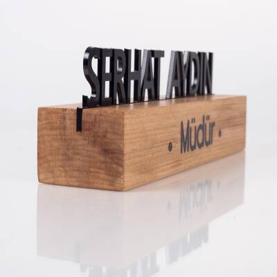 Masif Kayın Ahşap Masa İsimliği Masaüstü İsimlik Standı Siyah Akrilik Masa İsimliği - 3