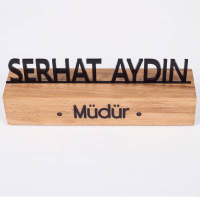 Masif Kayın Ahşap Masa İsimliği Masaüstü İsimlik Standı Siyah Akrilik Masa İsimliği - 4