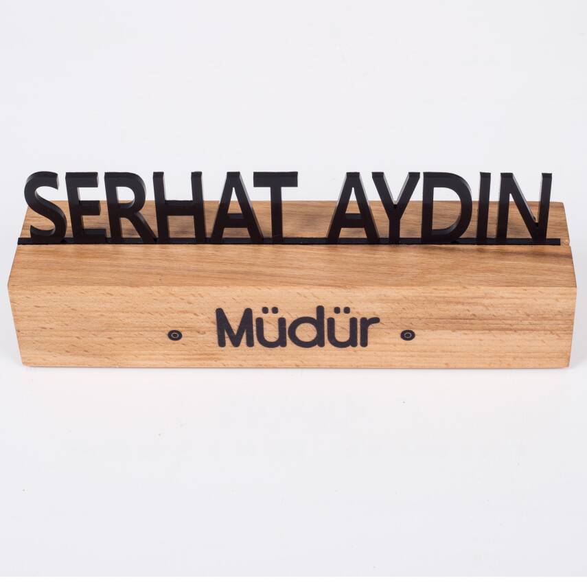 Masif Kayın Ahşap Masa İsimliği Masaüstü İsimlik Standı Siyah Akrilik Masa İsimliği - 4