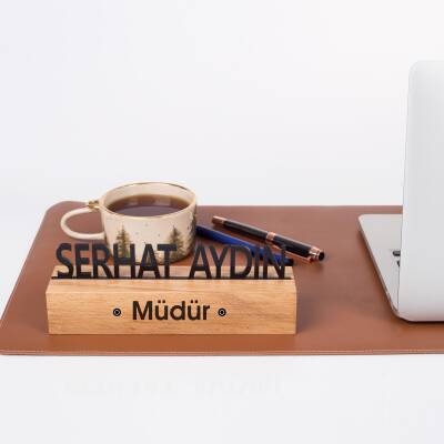 Masif Kayın Ahşap Masa İsimliği Masaüstü İsimlik Standı Siyah Akrilik Masa İsimliği - 5