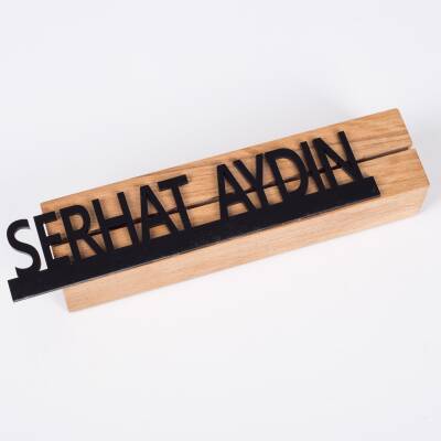 Masif Kayın Ahşap Masa İsimliği Masaüstü İsimlik Standı Siyah Akrilik Masa İsimliği - 7